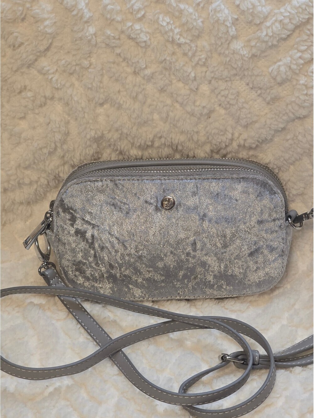 NINE WEST Grey Crushed Velvet Crossbody Bag | Silver Hardware Double Zip